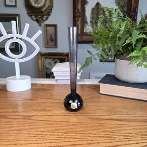 Vintage Swedish Art Glass Bud Vase, Smoked Grey & Black MCM Stem Vase 8" Tall